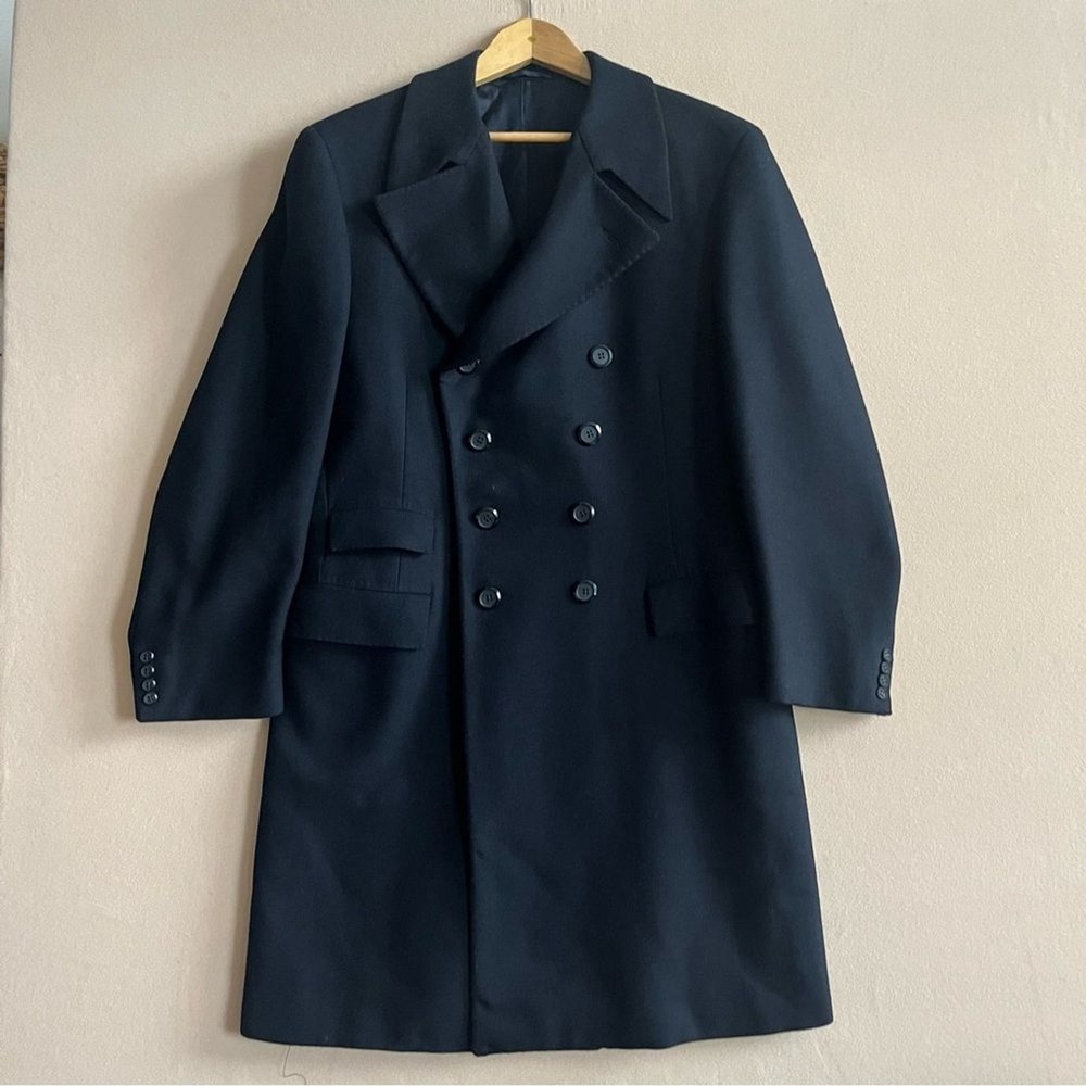 Saks Fifth Double‎ Breasted Navy Overcoat Long 41R Vintage 70s Grail Old Money
